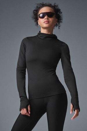 Alo Yoga Airlift Winter Warm Hooded Runner Mikina s Kapucnou Damske Čierne | Alo Yoga Slovensko SK-SBKMCZ401