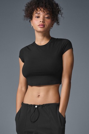 Alo Yoga Alosoft Crop Finesse Short Sleeve Topy Damske Čierne | Alo Yoga Slovensko SK-PRJIST790