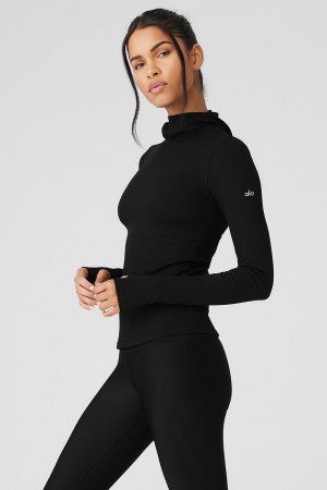 Alo Yoga Alosoft Ribbed Frontrunner Long Sleeve Topy Damske Čierne | Alo Yoga Slovensko SK-EHNRXO724