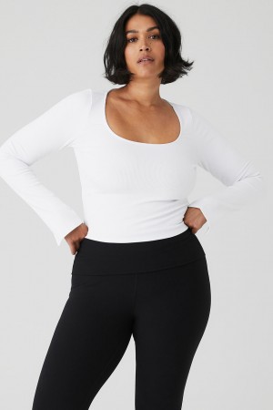 Alo Yoga Alosoft Ribbed Show Stopper Long Sleeve Topy Damske Biele | Alo Yoga Slovensko SK-WSLUGQ476