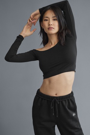 Alo Yoga Asymmetric Sheer Glow Long Sleeve Topy Damske Čierne | Alo Yoga Slovensko SK-DBIREH390