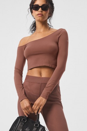 Alo Yoga Asymmetric Sheer Glow Long Sleeve Topy Damske Hnede | Alo Yoga Slovensko SK-OYUJMF910