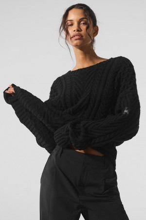 Alo Yoga Cable Knit Crew Neck Sveter Damske Čierne | Alo Yoga Slovensko SK-XPWOMD082