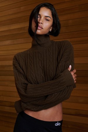 Alo Yoga Cable Knit Cropped Winter Bliss Turtleneck Long Sleeve Sveter Damske Hnede | Alo Yoga Slovensko SK-AJQDEO930