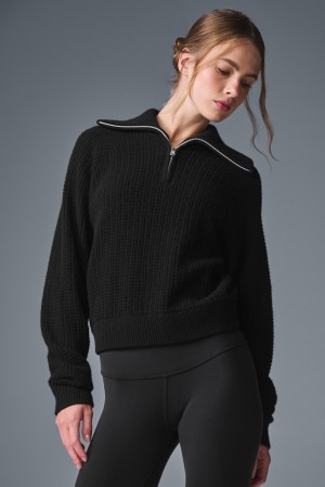 Alo Yoga Cashmere Plush Waffle 1/4 Zip Pulover Damske Čierne | Alo Yoga Slovensko SK-FZNYPE564