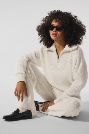 Alo Yoga Cashmere Plush Waffle 1/4 Zip Pulover Damske Biele | Alo Yoga Slovensko SK-LAYKXW679