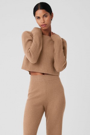 Alo Yoga Cashmere Plush Waffle Cropped Long Sleeve Sveter Damske Hnede | Alo Yoga Slovensko SK-VGDLTH842