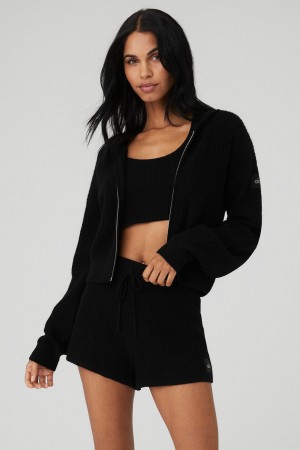 Alo Yoga Cashmere Plush Waffle Full Zip Mikina s Kapucnou Damske Čierne | Alo Yoga Slovensko SK-FVGBLE916