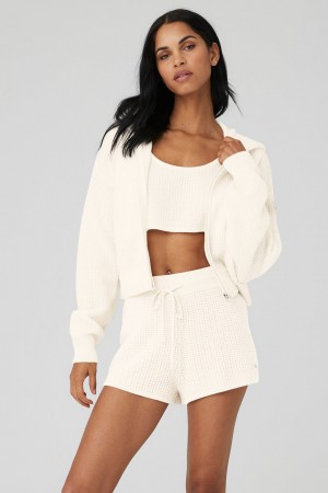 Alo Yoga Cashmere Plush Waffle Full Zip Mikina s Kapucnou Damske Biele | Alo Yoga Slovensko SK-GFPUYE420