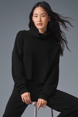 Alo Yoga Cashmere Plush Waffle Turtleneck Pulover Damske Čierne | Alo Yoga Slovensko SK-KIXYWC152