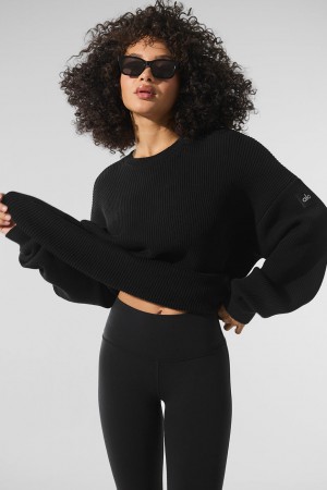 Alo Yoga Domain Rib Knit Crew Sveter Damske Čierne | Alo Yoga Slovensko SK-GKSTUA409