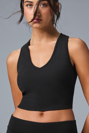 Alo Yoga Goddess Ribbed Cropped Racerback Tielko Damske Čierne | Alo Yoga Slovensko SK-YVUTZK532