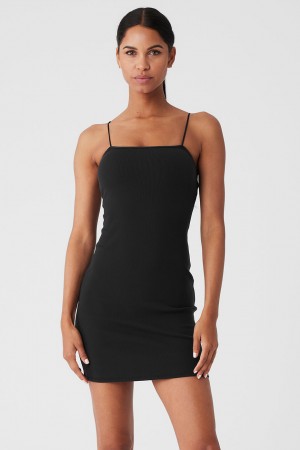 Alo Yoga Goddess Ribbed Spaghetti Strap Saty Damske Čierne | Alo Yoga Slovensko SK-ZEWIAP740
