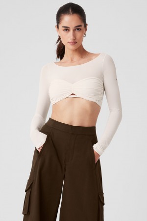 Alo Yoga Mesh Sheer Illusion Cropped Long Sleeve Topy Damske Biele | Alo Yoga Slovensko SK-BPOJVN516
