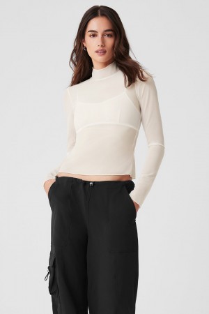 Alo Yoga Mesh Sheer Illusion Mock Neck Long Sleeve Topy Damske Biele | Alo Yoga Slovensko SK-FXVTMR461
