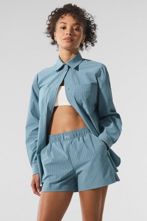 Alo Yoga Pinstripe Daylight Button Down Long Sleeve Topy Damske Tmavo Modre Biele | Alo Yoga Slovensko SK-XPURIL369