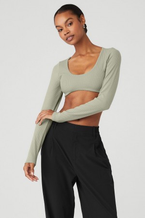 Alo Yoga Ribbed Defined Long Sleeve Bra Topy Damske Limestone | Alo Yoga Slovensko SK-CLVFKW971