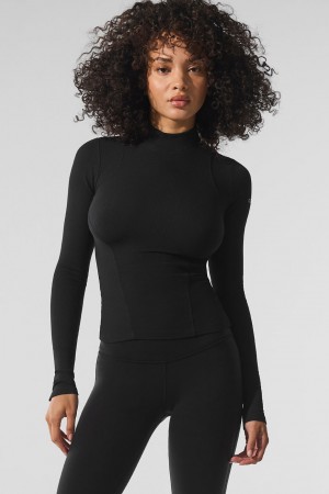 Alo Yoga Ribbed Mesmerize Mock Neck Long Sleeve Topy Damske Čierne | Alo Yoga Slovensko SK-YWUFEI468