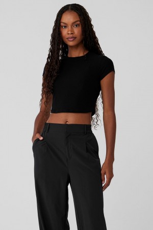 Alo Yoga Ribbed Sea Coast Cropped Short Sleeve Tricko Damske Čierne | Alo Yoga Slovensko SK-HZIYUO914