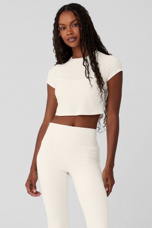 Alo Yoga Ribbed Sea Coast Cropped Short Sleeve Tricko Damske Biele | Alo Yoga Slovensko SK-PNYTOX602