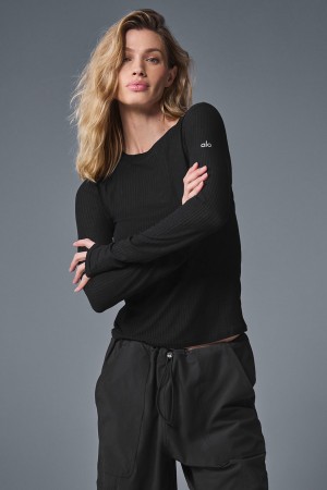 Alo Yoga Ribbed Sea Coast Long Sleeve Topy Damske Čierne | Alo Yoga Slovensko SK-RWDVXB879