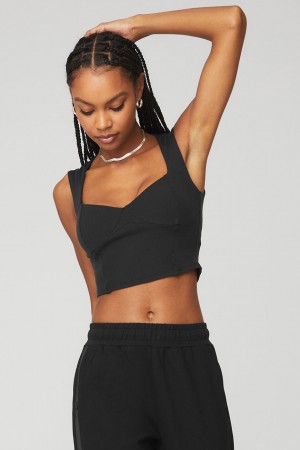 Alo Yoga Ribbed Sweetheart Short Sleeve Topy Damske Čierne | Alo Yoga Slovensko SK-XSNYOQ384