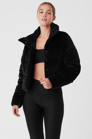 Alo Yoga Ribbed Velour Gold Rush Puffer Bunda Damske Čierne | Alo Yoga Slovensko SK-QRKYBG592