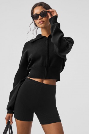 Alo Yoga Scholar Knit Cropped Full Zip Bunda Damske Čierne | Alo Yoga Slovensko SK-BSXQMC938