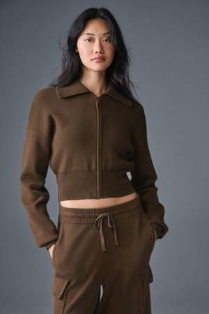 Alo Yoga Scholar Knit Cropped Full Zip Bunda Damske Hnede | Alo Yoga Slovensko SK-UWNGKI152