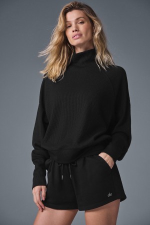 Alo Yoga Waffle Weekend Escape Mock Neck Long Sleeve Mikina Damske Čierne | Alo Yoga Slovensko SK-TDOSXW354